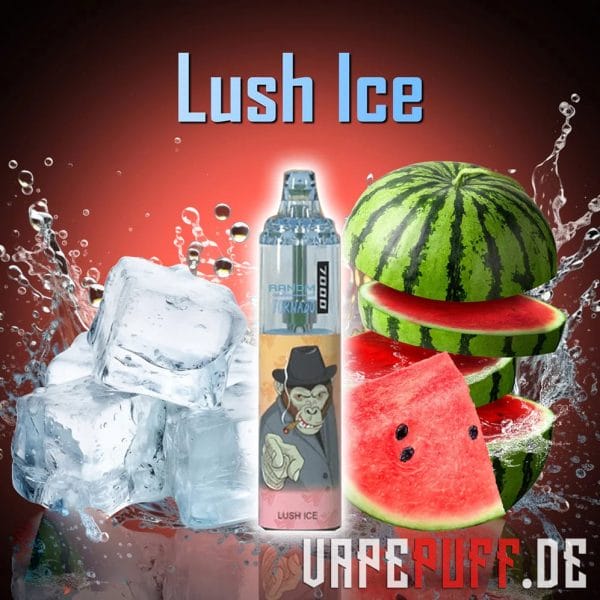 A frosty Lush Ice vape flavor by Randm Tornado 7000, featuring fresh watermelons and icy cubes with vibrant red and cool tones.