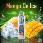 Tropical Mango On Ice vape flavor by Randm Tornado 7000, showcasing fresh mangoes and icy cubes with a lush green background.