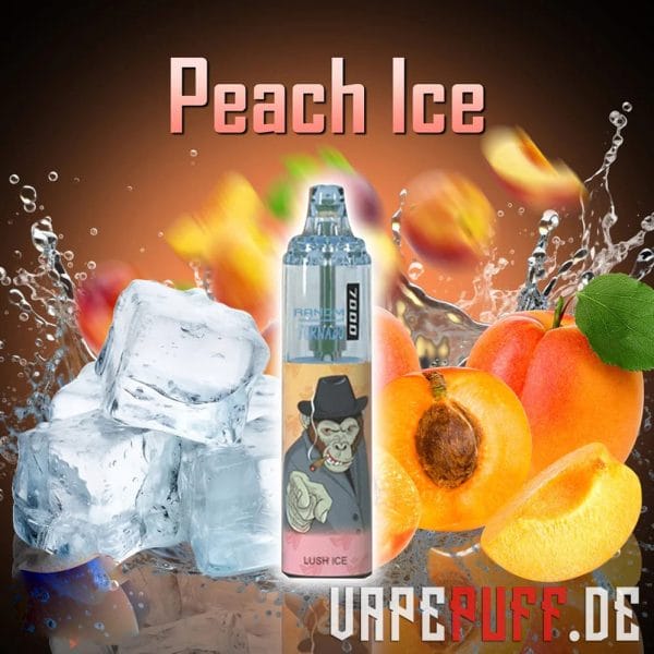 Cool and sweet Peach Ice vape flavor by Randm Tornado 7000, featuring fresh peaches and icy cubes with splashes of orange tones.