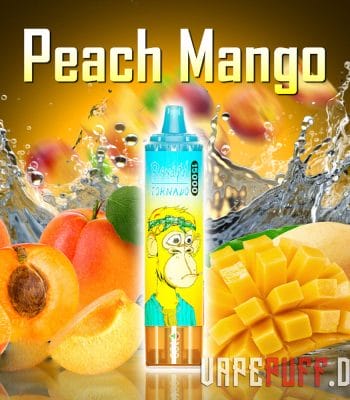 Exotic peach mango vapes flavor in RandM Tornado 15000, featuring a tropical fruity mix for an exhilarating vaping experience.