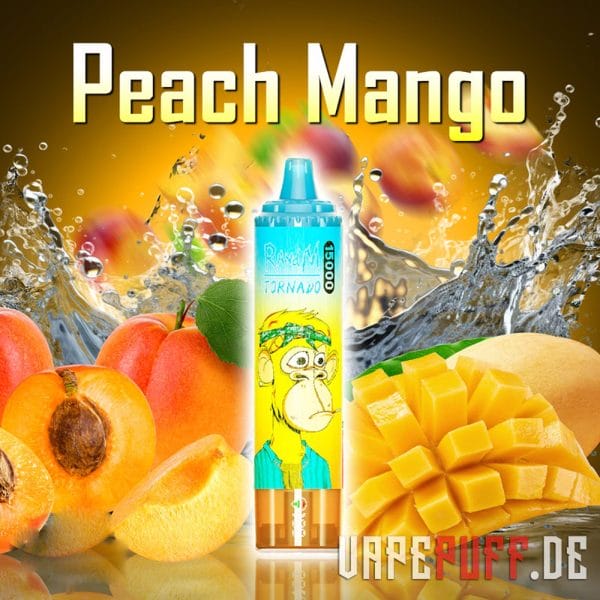 Exotic peach mango vapes flavor in RandM Tornado 15000, featuring a tropical fruity mix for an exhilarating vaping experience.