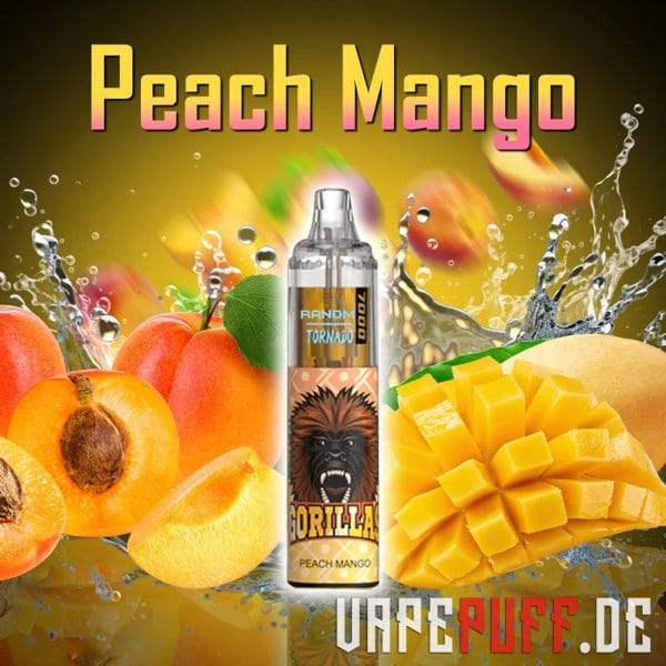 A rich Peach Mango vape flavor by Randm Tornado 7000, featuring juicy peaches and diced mangoes with vibrant golden and orange hues.