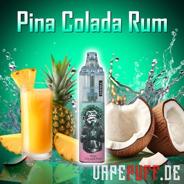 A tropical Pina Colada Rum vape flavor by Randm Tornado 7000, featuring coconuts, pineapples, and a golden drink with a lush green theme.