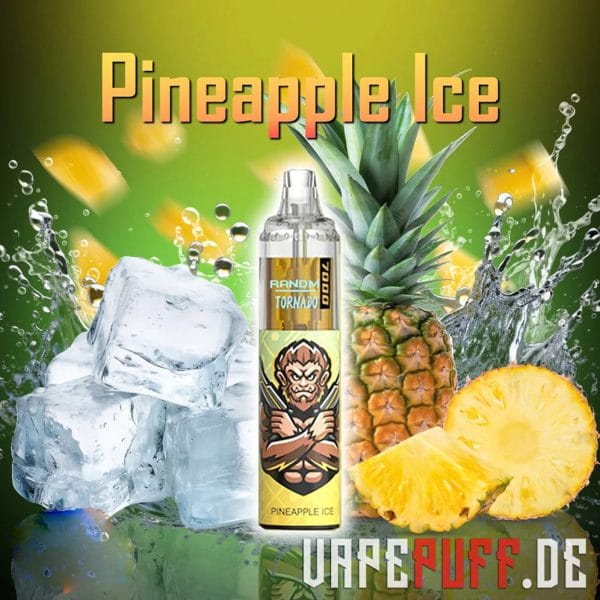 Sweet and frosty Pineapple Ice vape flavor by Randm Tornado 7000, featuring pineapple chunks and icy cubes.