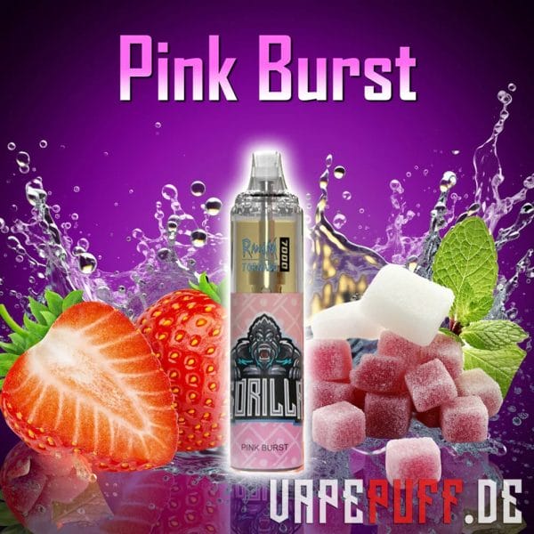 A candy-infused Pink Burst vape flavor by Randm Tornado 7000, featuring strawberries, mint leaves, and pink candy squares.