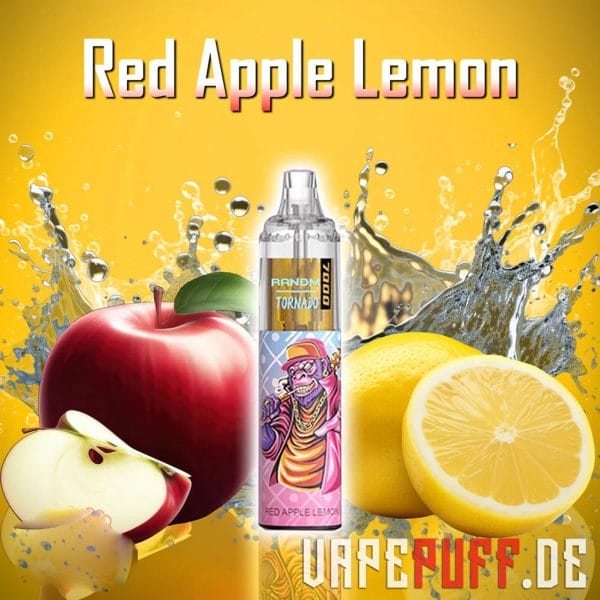 Zesty Red Apple Lemon vape flavor by Randm Tornado 7000, featuring red apples and lemons with splashes of yellow and red.