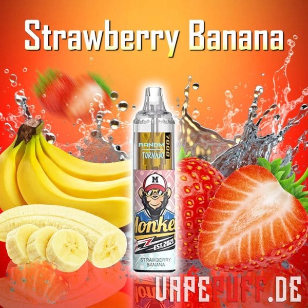 Perfectly ripe bananas and strawberries in a flavor explosion, featuring the Randm Tornado 7000 vape.