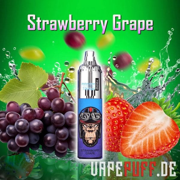 Juicy red and purple grapes join luscious strawberries, enhanced by the sleek Randm Tornado 7000 vape.