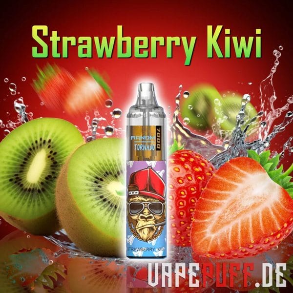 Fresh kiwi slices and juicy strawberries splashed with water, alongside the vibrant Randm Tornado 7000 vape.