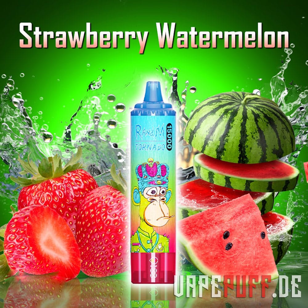 Sweet and refreshing strawberry watermelon flavored vapes RandM Tornado 15000, capturing fruity perfection.