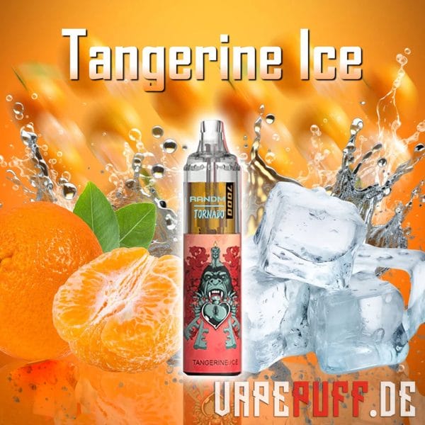 Vibrant tangerines and frosty ice cubes captured alongside the stylish Randm Tornado 7000 vape.