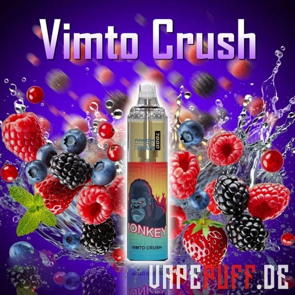 A vibrant explosion of berries, featuring the stylish Randm Tornado 7000 vape with Vimto Crush flavor.