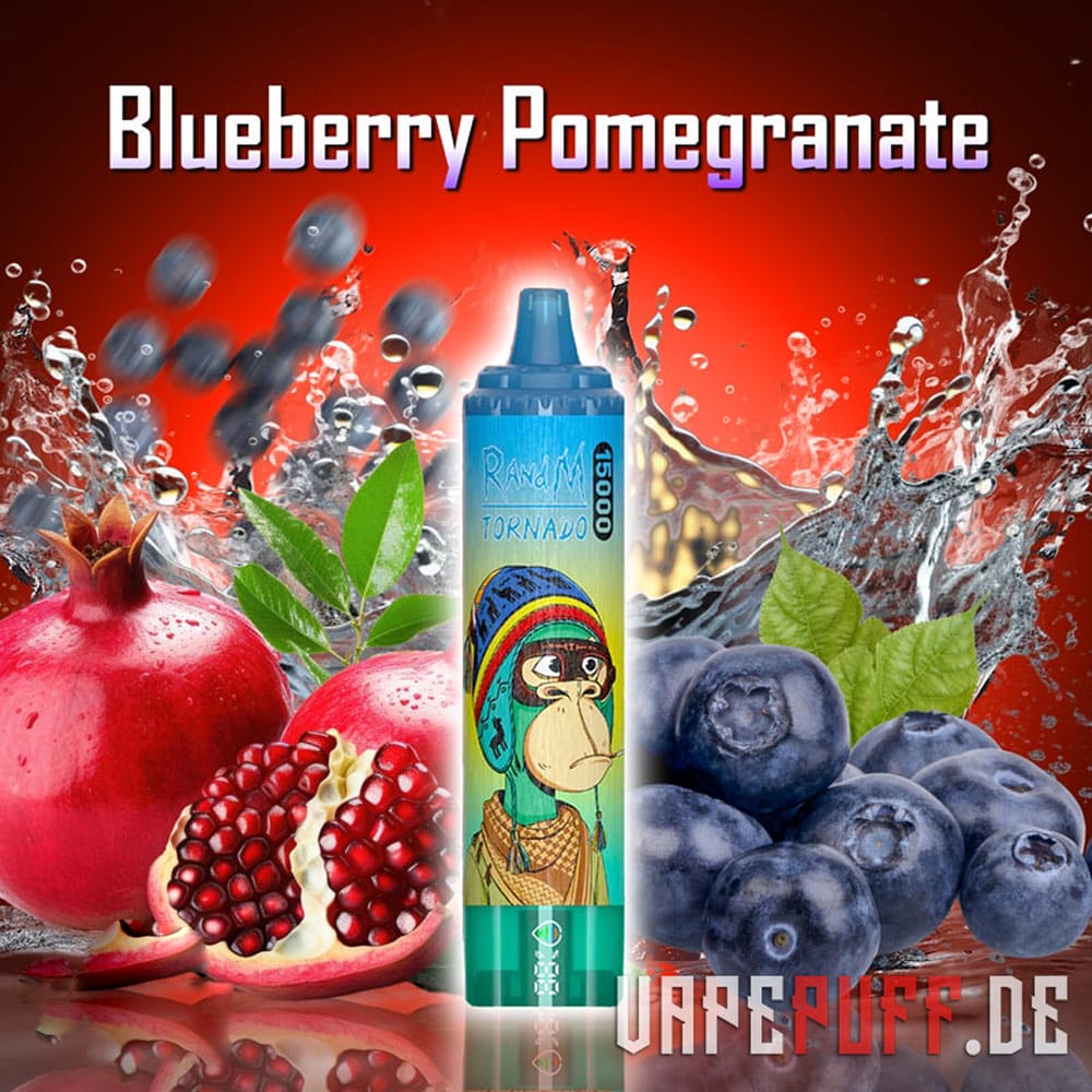 RandM Tornado 15000 disposable vape with a bold blueberry and pomegranate flavor mix, surrounded by fresh fruits and water splashes.